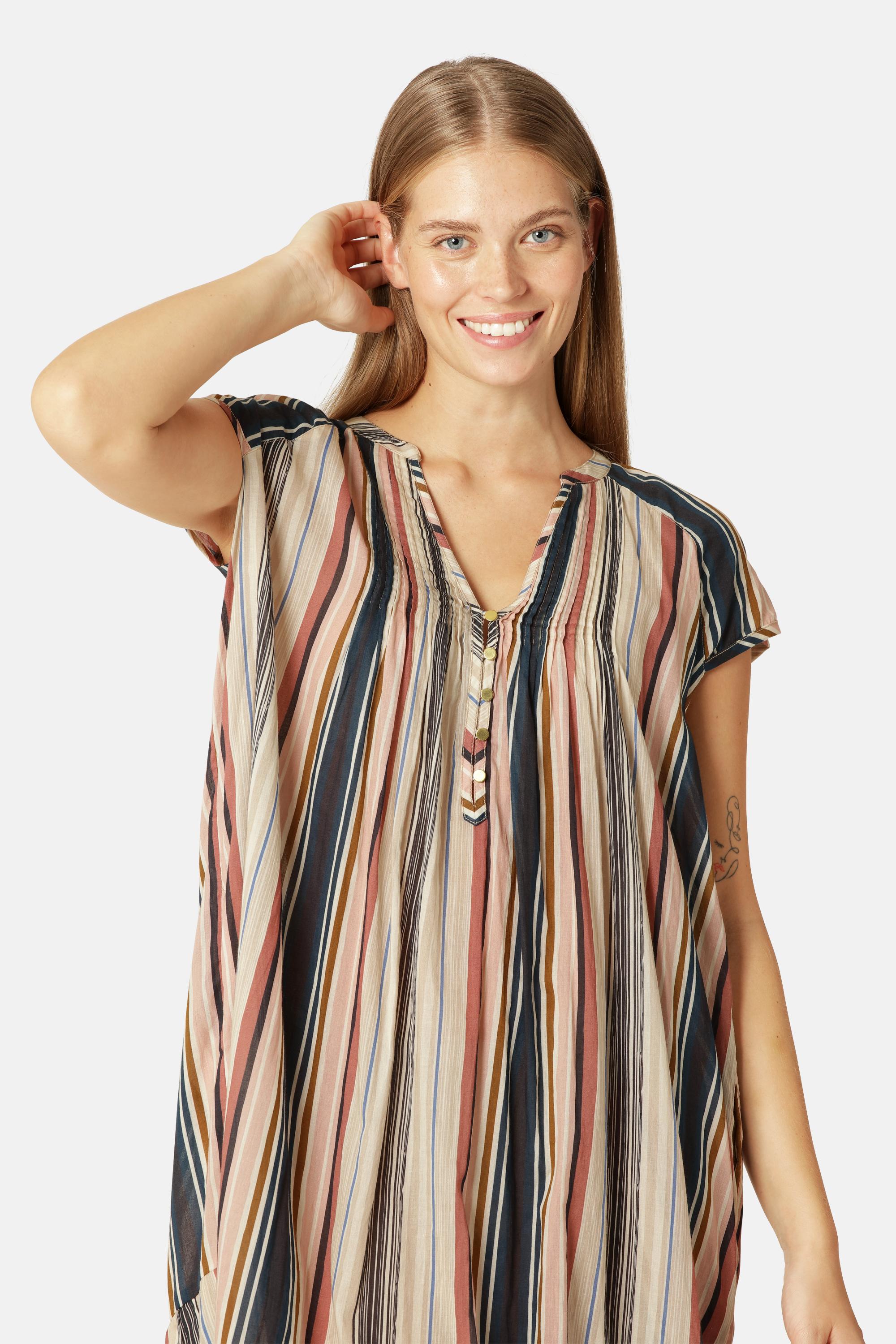 Lang Kjole med Korte Ermer Pintuck - Beige Organic Stripe